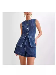 Women denim vest shorts two piece set summer casual sleeveless outfit new fashion denim clothing