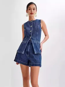 Stylish summer denim two piece set for women sleeveless crop top and high waist shorts.