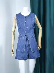 Women denim vest and shorts set casual sleeveless waistcoat and high waist short pants chic