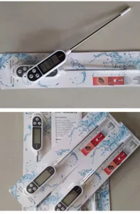 Thermometre de cuisine numerique avec sonde en acier inoxydable, ideal pour la cuisson et barbecue.