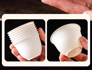Close-up detail shot showing disposable eco-friendly rice husk tea cups held in hand.