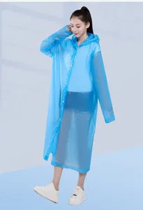 Long blue EVA raincoat for adults, waterproof hooded poncho with front snap buttons.