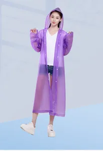 Details of the long purple EVA raincoat featuring a hood and snap buttons, ideal for rainy days.