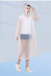 Detailed view of the clear waterproof EVA raincoat with hood, ideal for outdoor travel.