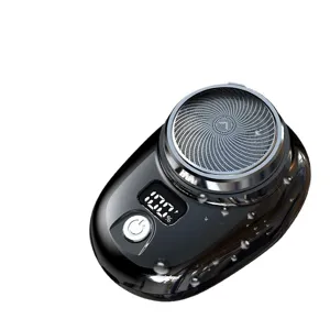 Portable mini electric shaver for men, compact travel facial razor with digital battery display.