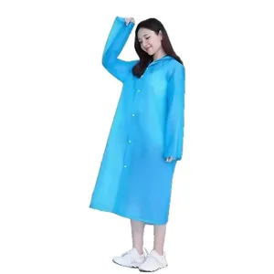 Long EVA waterproof raincoat for adults, blue hooded portable rain poncho for travel