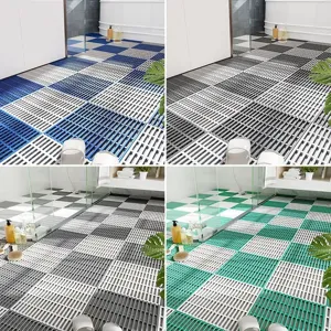 Non-slip waterproof shower mat details, grid drainage bathroom floor tile, multi-color.