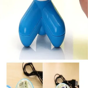 Mini masseur electrique portable et compact avec corps ergonomique bleu et compartiment.