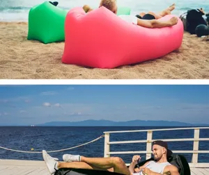 Outdoor inflatable lazy sofa for beach camping and park relaxation, portable air sleeping bed.