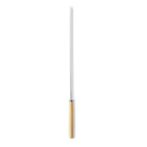 Stainless steel BBQ skewer with wooden handle for outdoor camping and commercial barbecue use.