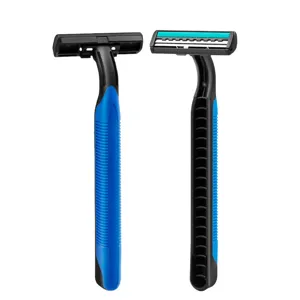 Disposable manual razor with multi-blades and ergonomic blue grip for hotel and travel use.