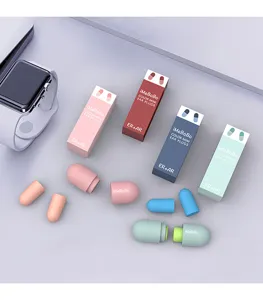 Mini capsule earplugs detailed view showing assorted color cases and ergonomic design.