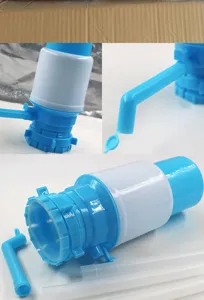 Manual water dispenser pump detail view, blue and white plastic hand press for bottled water.