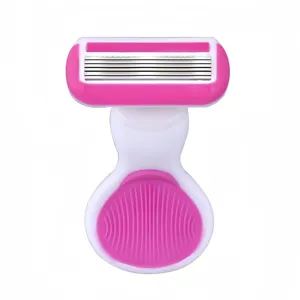 Compacte draagbare vrouwen scheermes met meerdere mesjes roze witte handgreep haarverwijdering.