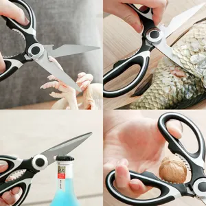Multi-functional kitchen scissors for home use with heavy-duty stainless steel blades.