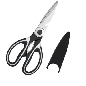 Heavy-duty stainless steel kitchen scissors with protective sheath, black and white handle.