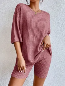Dusty pink ribbed knit short sleeve top and shorts lounge set for women casual wear.