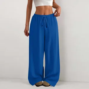 Pantaloni larghi casual blu royal a vita alta coulisse stropicciati dettaglio donna