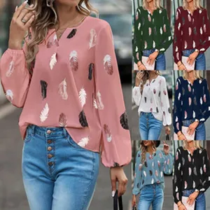 Mujer Manga Larga Cuello V Estampado Pluma Blusa Casual Elegante Top Para Uso Diario