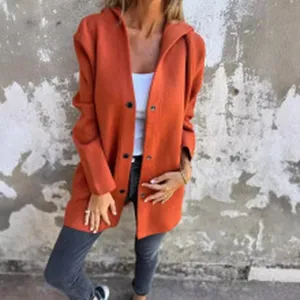 Stylish orange hooded women coat with front button closure, perfect for casual spring daily wear.