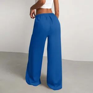 Pantaloni larghi casual da donna blu tinta unita, vita alta drappeggiati strutturati.
