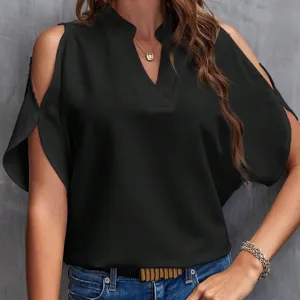 Donne Casual Scollo a V Spalle Scoperte Manica Corta T Shirt Moda Elegante Tinta Unita Vestibilità Larga Pullover Estate Top