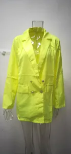 Women neon yellow double breasted blazer long sleeve stylish casual jacket for autumn wear