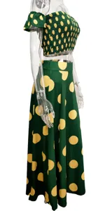 Green yellow polka dot off shoulder crop top long skirt two piece set summer dress