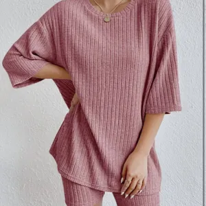 Women casual ribbed knit short sleeve top and shorts two piece lounge set for spring