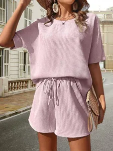 Women Waffle Knit Two Piece Set Casual Batwing Sleeve Top and Shorts Summer Outfit