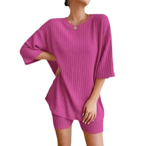 Casual solid color ribbed round neck loose short sleeve top and shorts two piece outfit for women
