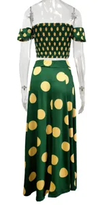 Women summer green polka dot strapless crop top and midi skirt two piece dress outfit.