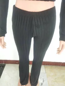 Black ribbed long sleeve top and flared trousers two piece set for women autumn winter fashion