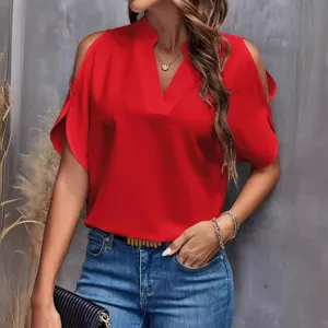 Estate donna colore unito scollo a V spalla scoperta manica corta elegante camicetta
