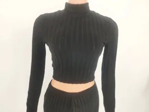 Black ribbed high neck long sleeve crop top matching pants set for women fall winter apparel.