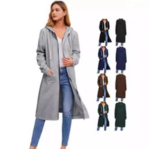 Women's long hooded zip-up cardigan casual outerwear with front pockets and drawstrings.