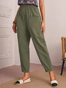 Women casual elastic waist cropped pants stylish pockets comfortable regular fit daily streetwear