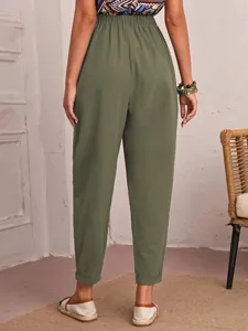 Women's solid army green cotton casual cropped pants with elastic waist and rolled hem detail.