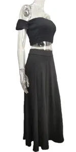 Black off-shoulder crop top and matching long skirt detail view, elegant summer two-piece outfit.