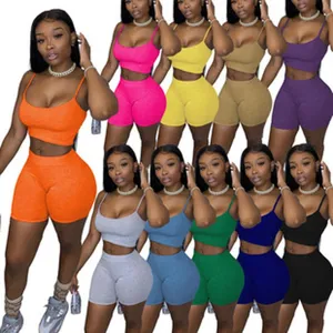 Conjunto de dos piezas para mujer top corto acanalado y pantalones cortos verano