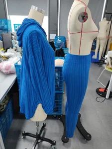 Women ribbed knit casual hoodie and long pants tracksuit set for autumn and winter season.