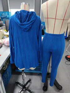 Women ribbed knit lounge set casual long sleeve hoodie and pants outfit for women