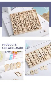 Detail view of natural wooden alphabet letters set for kids DIY crafts and learning