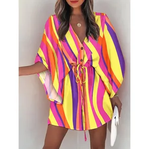 Women Summer V-Neck Striped Beach Dress Casual Loose Drawstring Kaftan Dress New Style