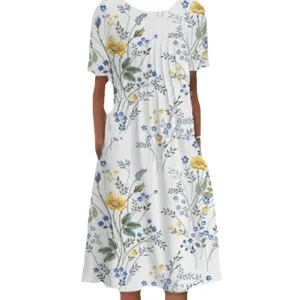 Women floral print short sleeve dress summer casual elegant midi dress with big swing skirt