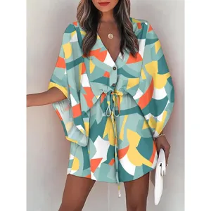 Geometric abstract print V-neck drawstring summer beach dress detail view for women