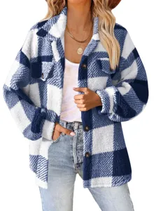 Women Casual Blue White Plaid Fleece Shacket Long Sleeve Button Sherpa Jacket Coat