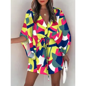 Women summer V-neck drawstring geometric print beach dress casual short dress detail view