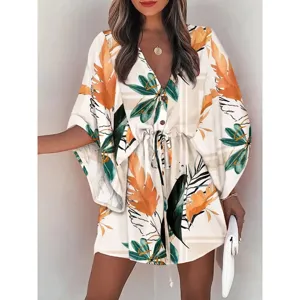 Women Summer V-Neck Printed Beach Dress Casual Drawstring Short Sleeve Tropical Leaf Dress