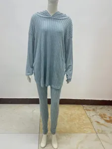Women ribbed loose hooded long sleeve casual top and pants set for daily wear and comfort style.